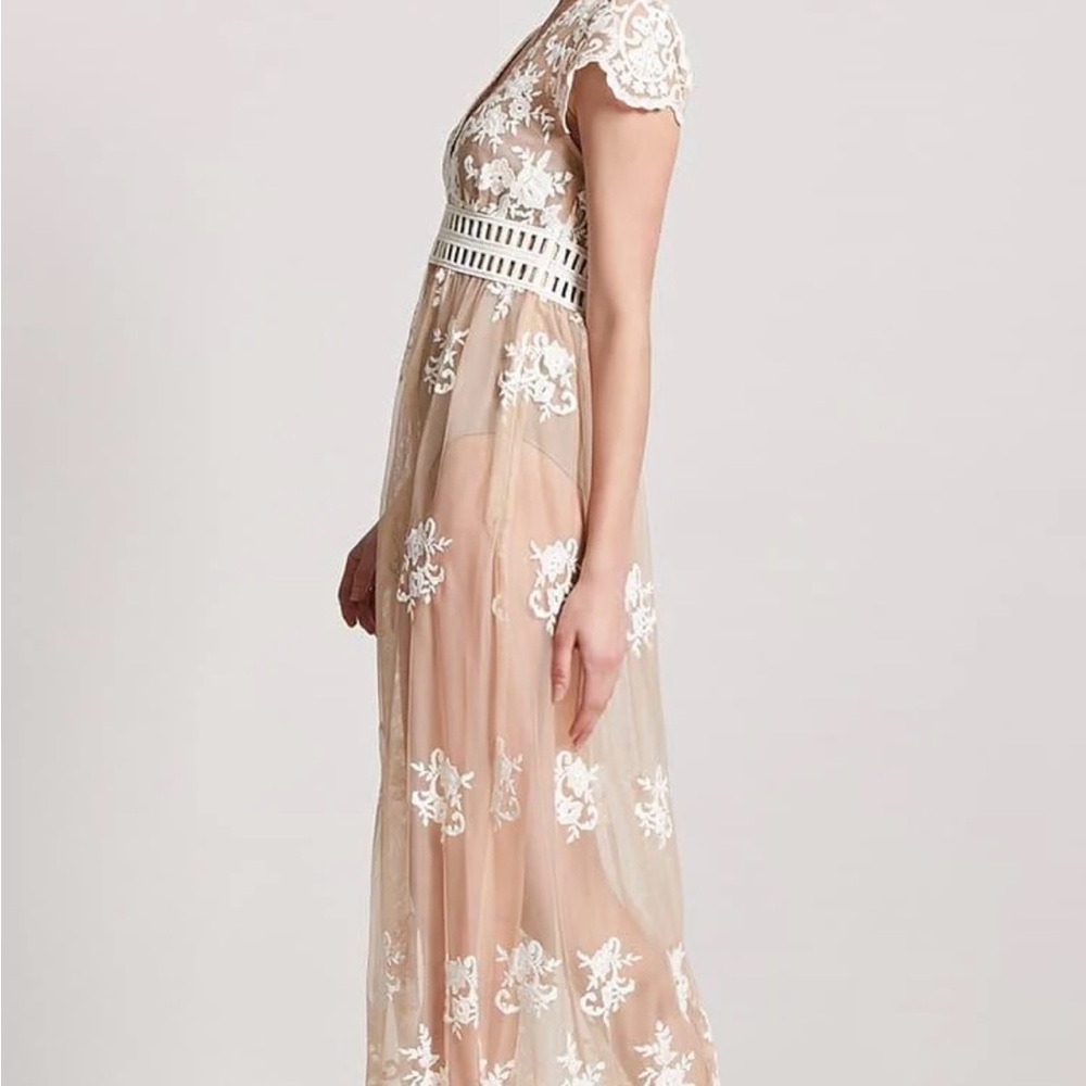 NWOT, Forever 21 Tan Pink Flutter Sleeve V-Neck Mesh Embroidered Gown - Picture 2 of 9
